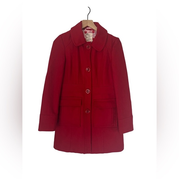 Tulle | Wool Blend Cherry Red Mid Length Pea Coat Size XS Winter Cozy Holiday - Picture 2 of 8